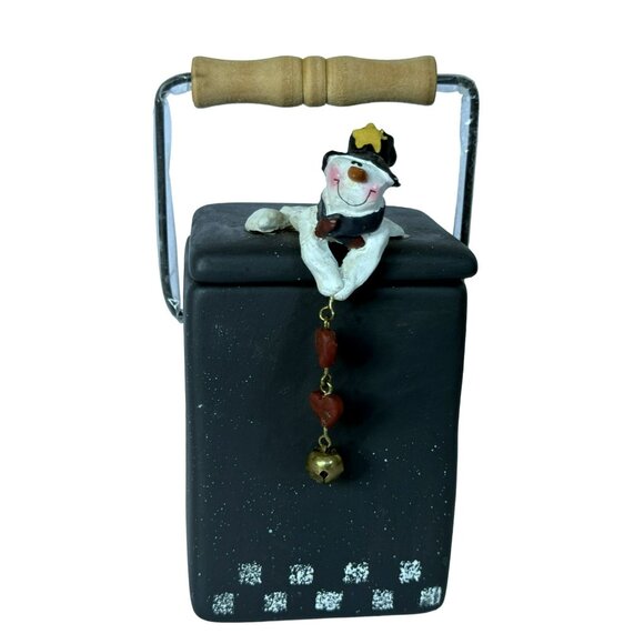Ceramic Snowman Votive Candle Holder With Lid & Wooden Handle Whimsical Charm - Picture 1 of 7